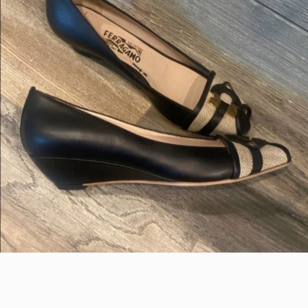 Salvatore Ferragamo Black and Gold Wedges